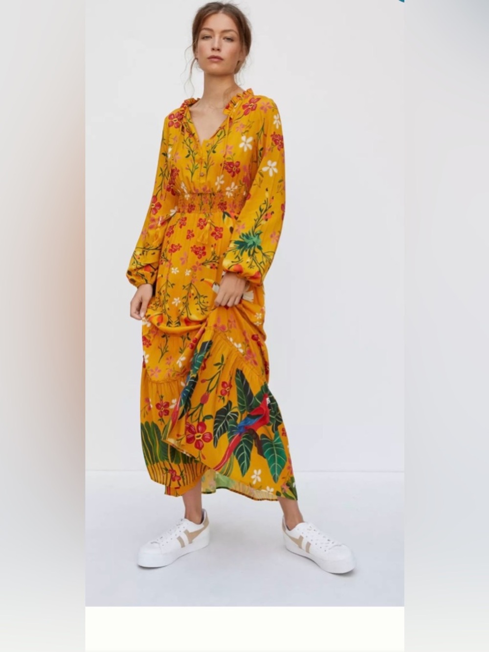 FARM Rio for anthropolo Maxi Dress with Red, White & Green Floral and Bird Print